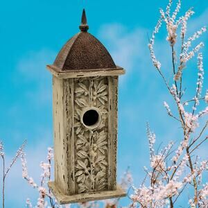 Garden Decor: Rustic Beige Bird House with Vintage Charm and Floral Accents